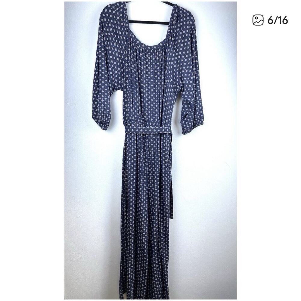 NWT Sz XL Garnet Hill LS Elas Nck Blue Prnt Waistbnd Tie Pkts Wide Leg Jump Suit - Picture 2 of 13